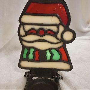Vintage Cast Iron Stained Glass Santa Clause Candle Holder. 6"tall 4.25" wide.